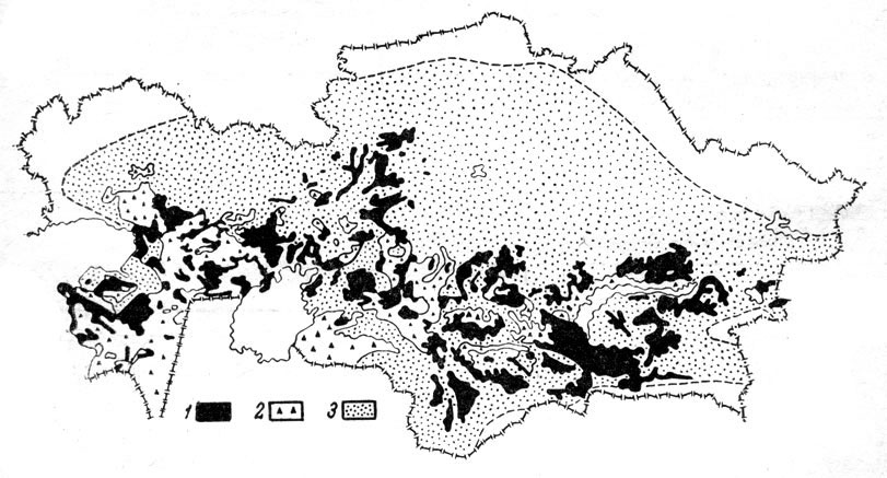 Рис. 3. Северная часть ареала серой полыни (Artemisia terrae-albae): 1 - формационная (в том числе в комплексах); 2 - ингрегационная; 3 - ассектаторная часть ареала