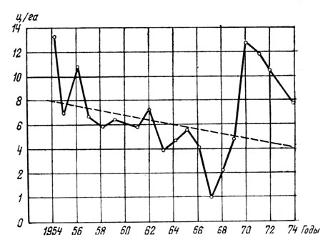 Рис. 33. Колебания ежегодной урожайности на одном из участков разнотравно-злакового пастбища и тренд (пунктиром), показывающий тенденцию падения его продуктивности (Гамаюнова, 1981)