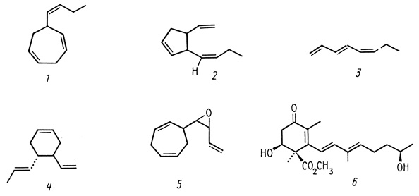 . 1.  ( )   1 -  (ectocarpene); 2 -  (multifidene); 3 -  (fucoserraten); 4 -  (aucantene); 5 -  (lamoxirene); 6 - -   (methyl trisporate ) [Marner et al., 1984; Miller, Sutter, 1984;  .]