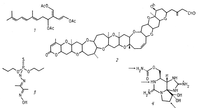 . 4.  ,    [Baden, 1983;  .] 1 -  (rhipocephalin),    Rhipocephalus phoenix; 2 -   (brevetoxin )  -  Ptychodiscus brevis (Gymnodinium breve); 3 -     (-, phosphorohydrazidothioate)   ; 4 -  (saxitoxin);     11  ,      ,  ,  -, -SO3  -OSOg