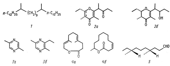 . 26.    [Kuwahara, Mori, 1983; Chuman et al., 1983; Attygale, Morgan, 1983;  .]  1 -     Glossina pallidipes Austen - 13,23- (dimethylpentatriacontane); 2 -     Lasioderma serricorne F. - (2,3-)- (serricorone) (2a)  (2,3-)- (serricorole) (26); 3    Tetramorium caespitum L.- 2,5- (2,5-dimethylpyrazine) ()  3--2,5- (36)   70 : 30; 4 -     Cryptolestes ferrugineus (Stephens): 4 -  I  (, )-4,8--4,8- -10-, 46 -    (3Z, 118)-3--11-;  -       Tribolium castaneum - (4R, 8R)-(-)-4,8- (dimethyldecanal)